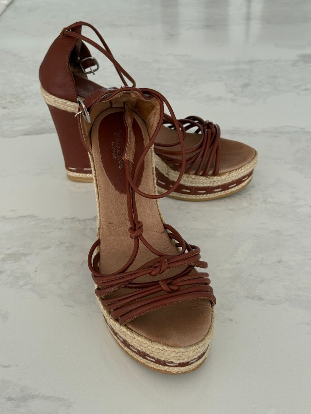 Brooks Brothers Brown Leather Jute Espadrille Gum Sole Wedges